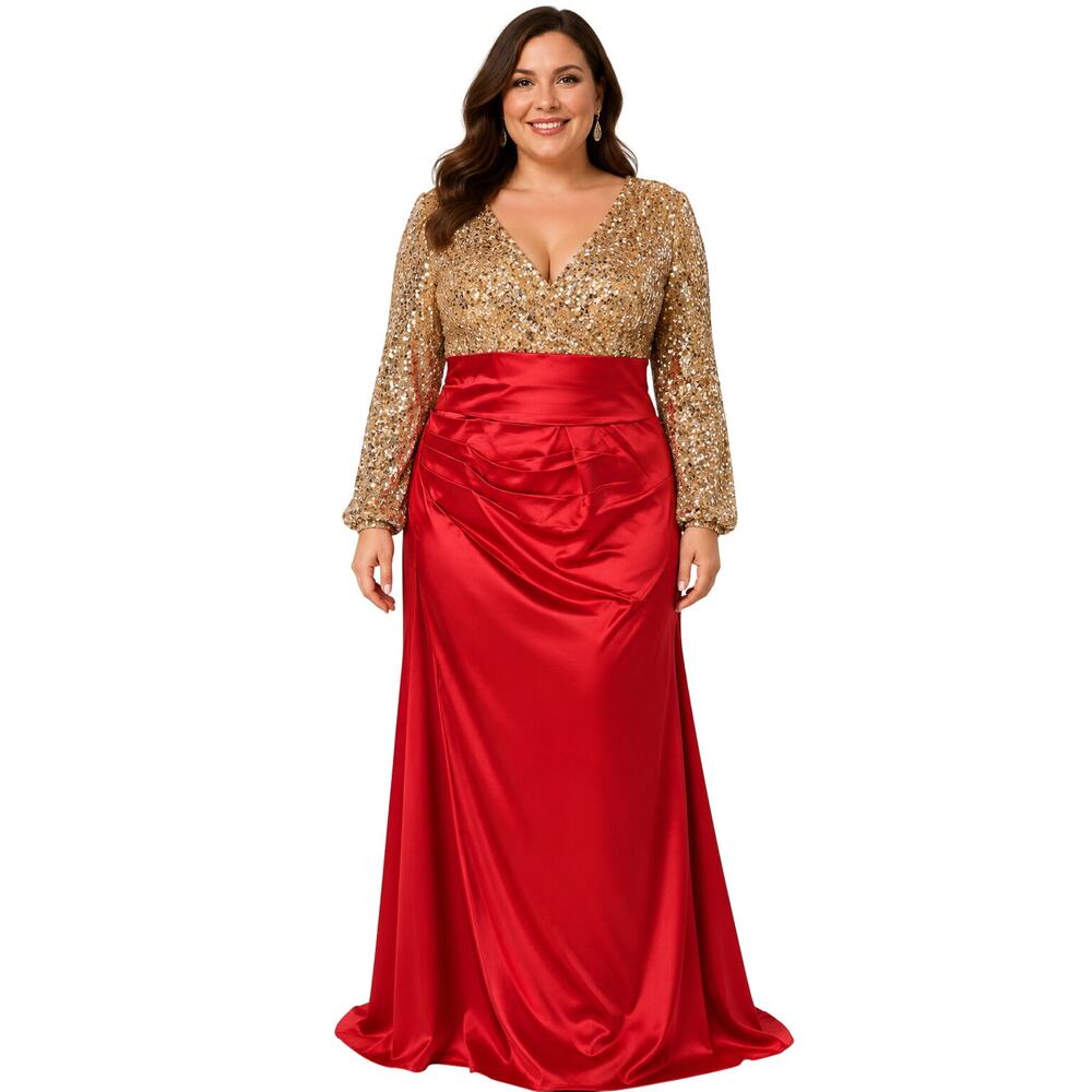 18W velour gold sequin mixed media wedding prom formal long sleeve glam dress